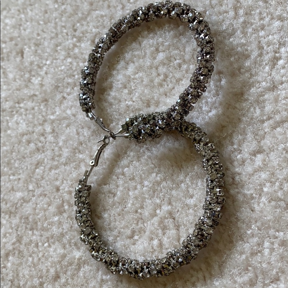 Bebe Silver rhinestone hoop earrings!!